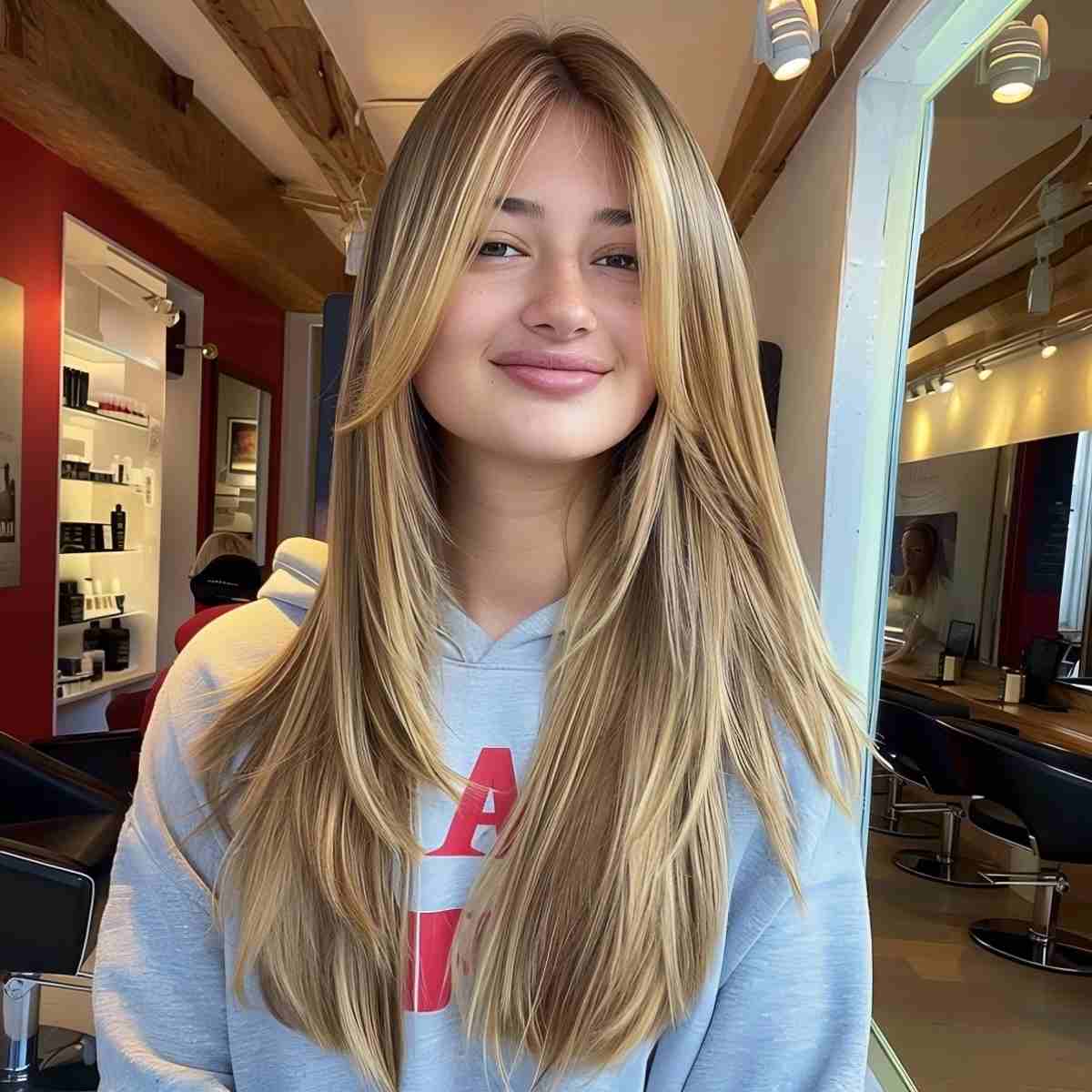 Long Layered Hair with Bangs for Round Faces
