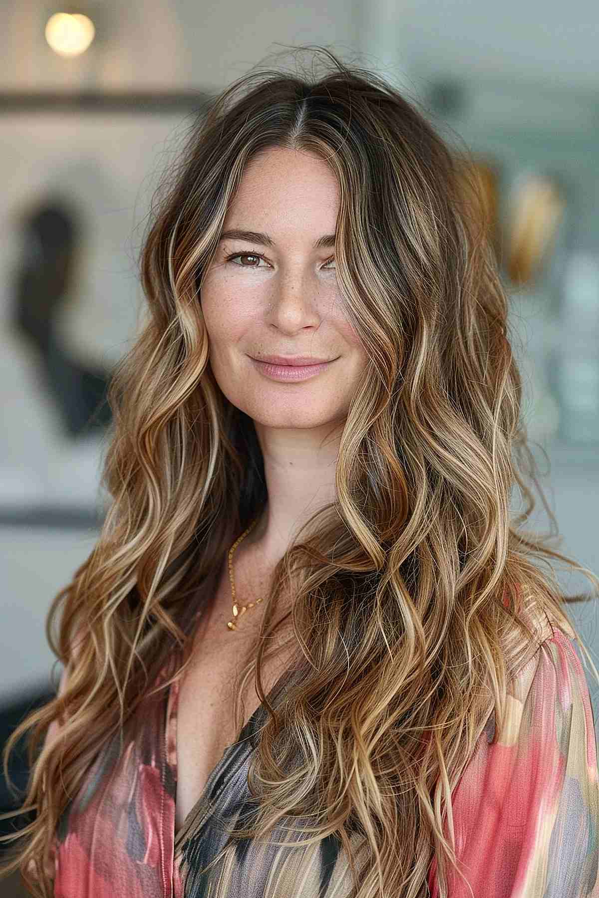 Long Layered Hair with Beach Waves for Over 40