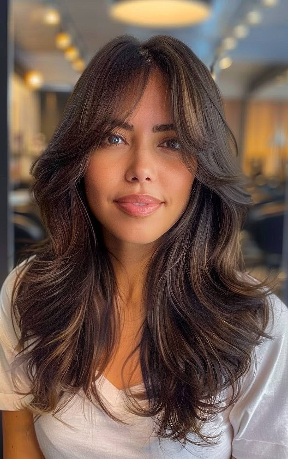 Long layered hair with curtain bangs side part with subtle highlights