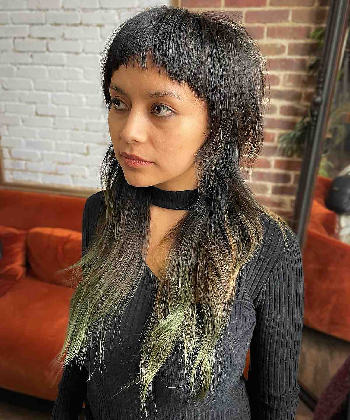 Unique long layered hair with round bangs