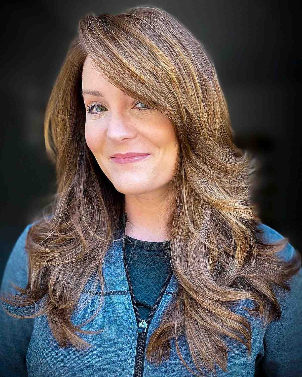 Mature Long Layered Hair with Side Bangs