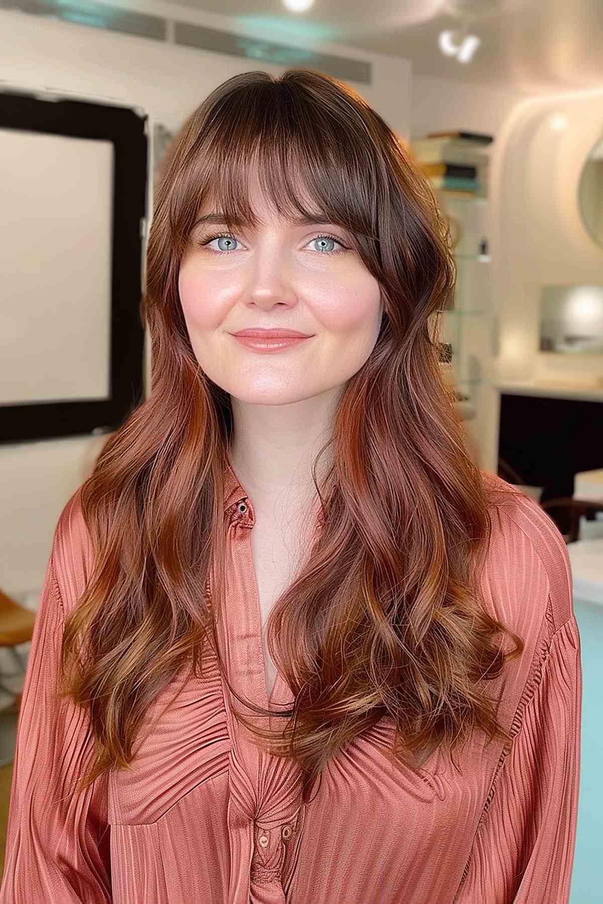 Long layered hair with arched bangs