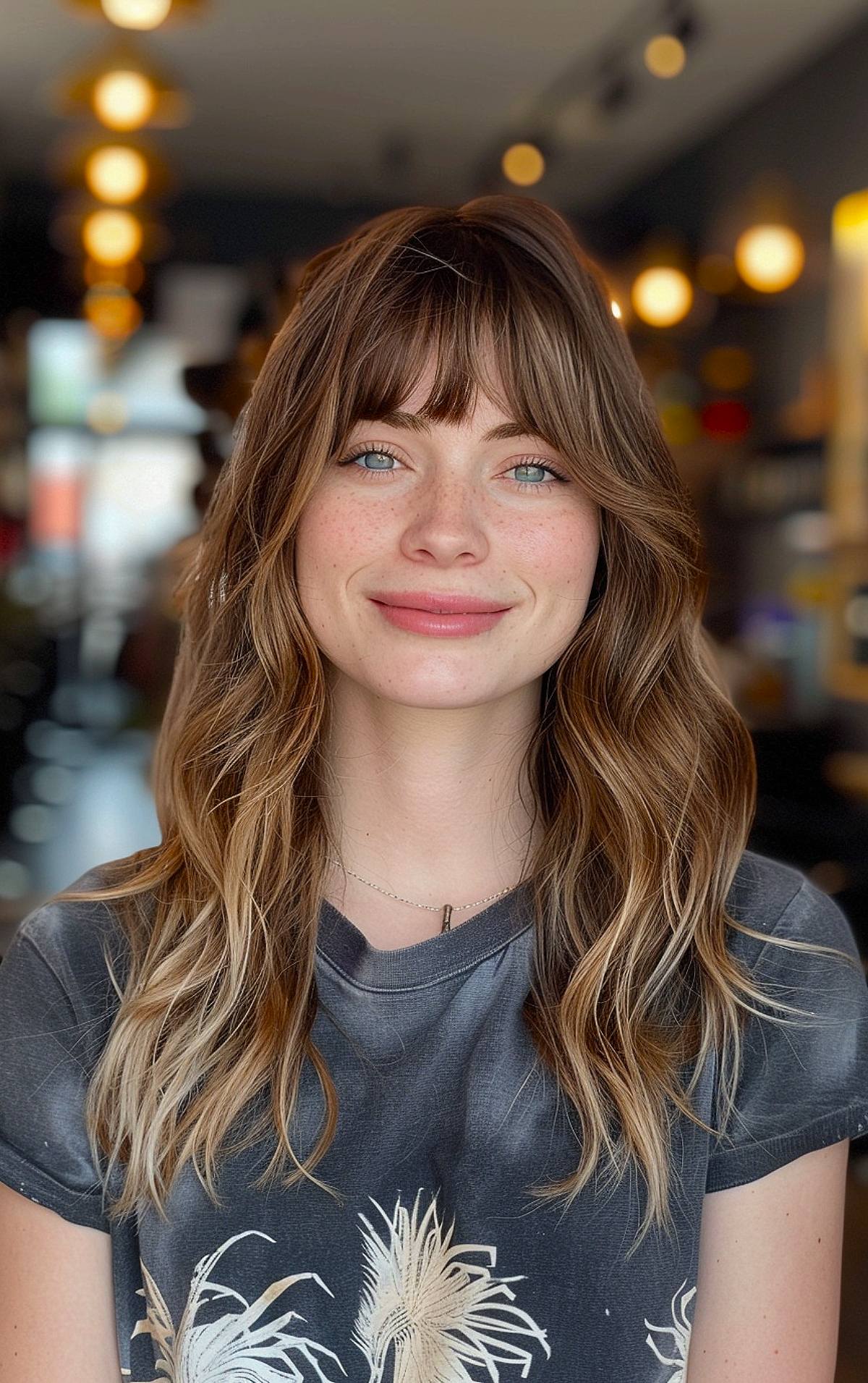 Long wavy layered haircut with bangs for oval faces