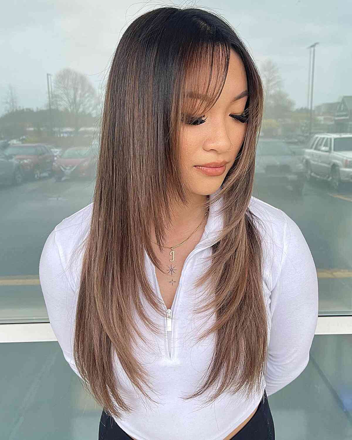 Long Layered Cut with Neutral Mushroom Brown Balayage Color