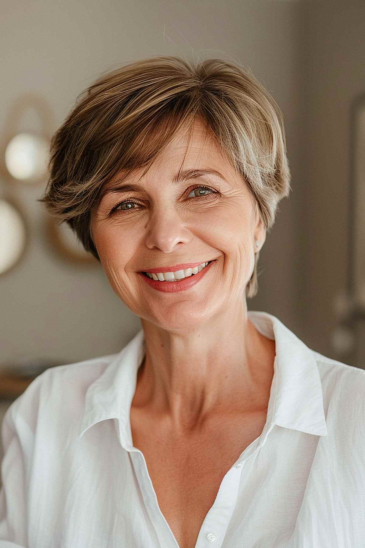 Woman with a layered pixie cut for fine hair, side-swept bangs, and subtle highlights