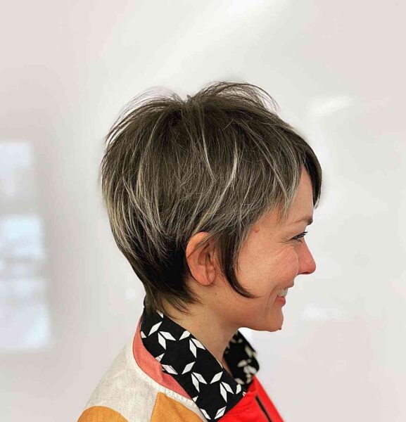 A Long Layered Pixie with Subtle Highlights for Thicker Locks