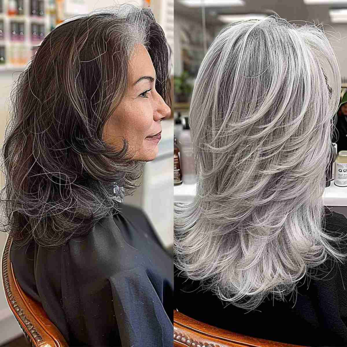 Mature woman's long wavy silver hair with short layers showing a graceful transition from natural dark roots