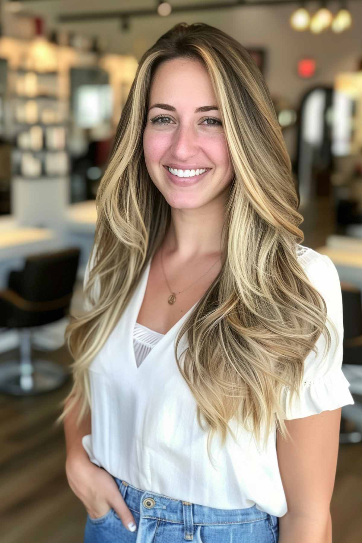 Woman with long layered waves for fine hair