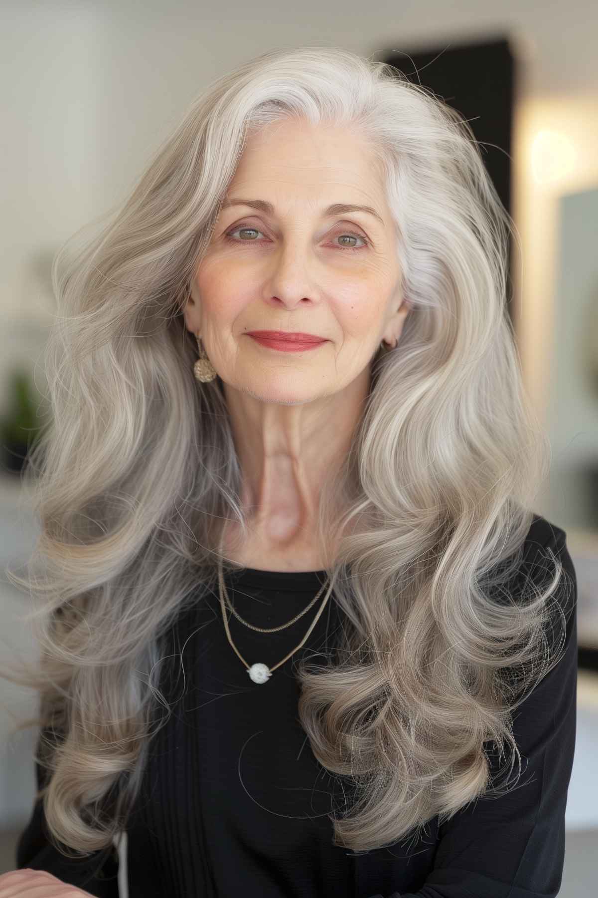 Woman with long layered waves, perfect for thick hair and enhancing natural gray color