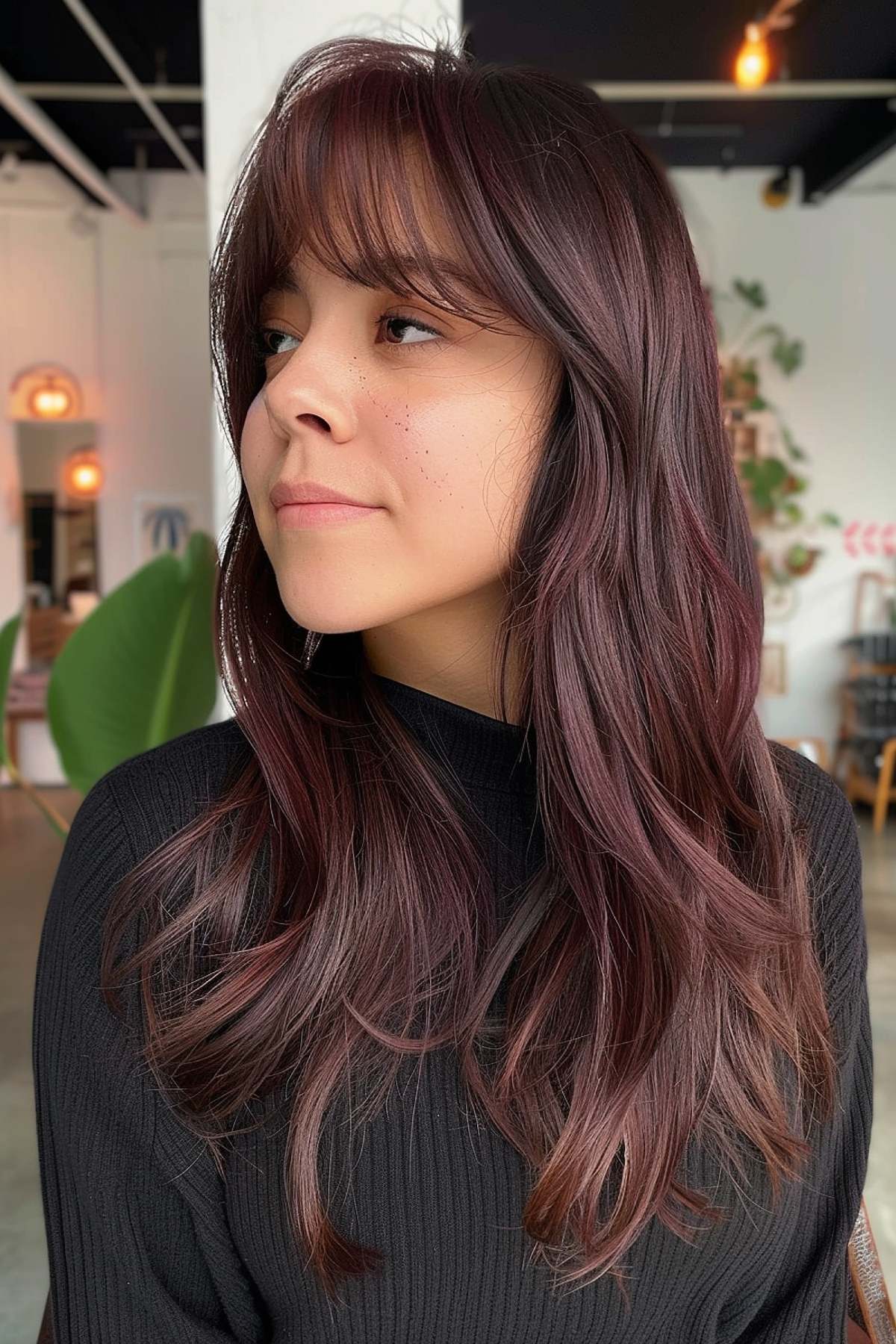 Long layered wolf haircut with burgundy color and side fringe