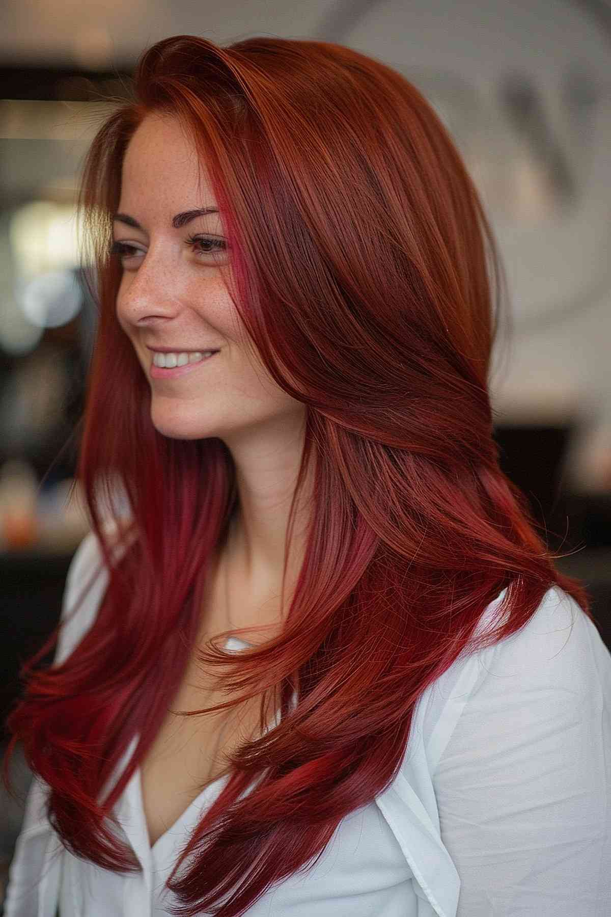 Long layered cherry red hair providing movement and body to thick hair.