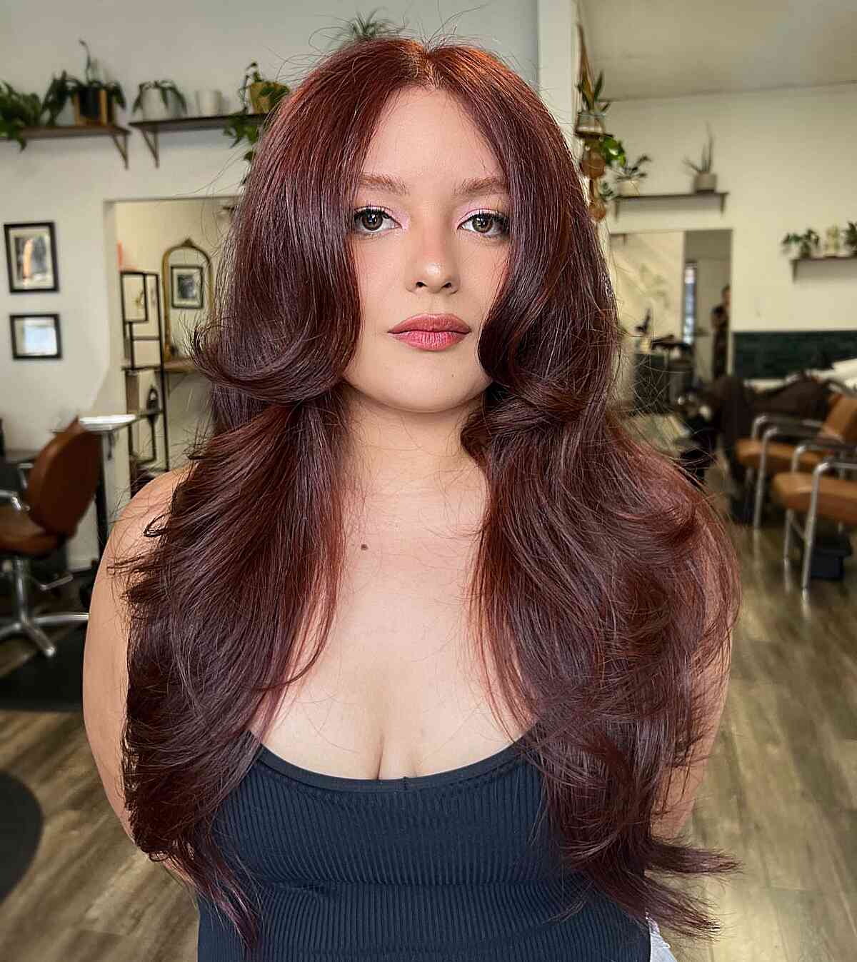 Long Layers on Maroon Red Hair for Ladies with Chubbier Face