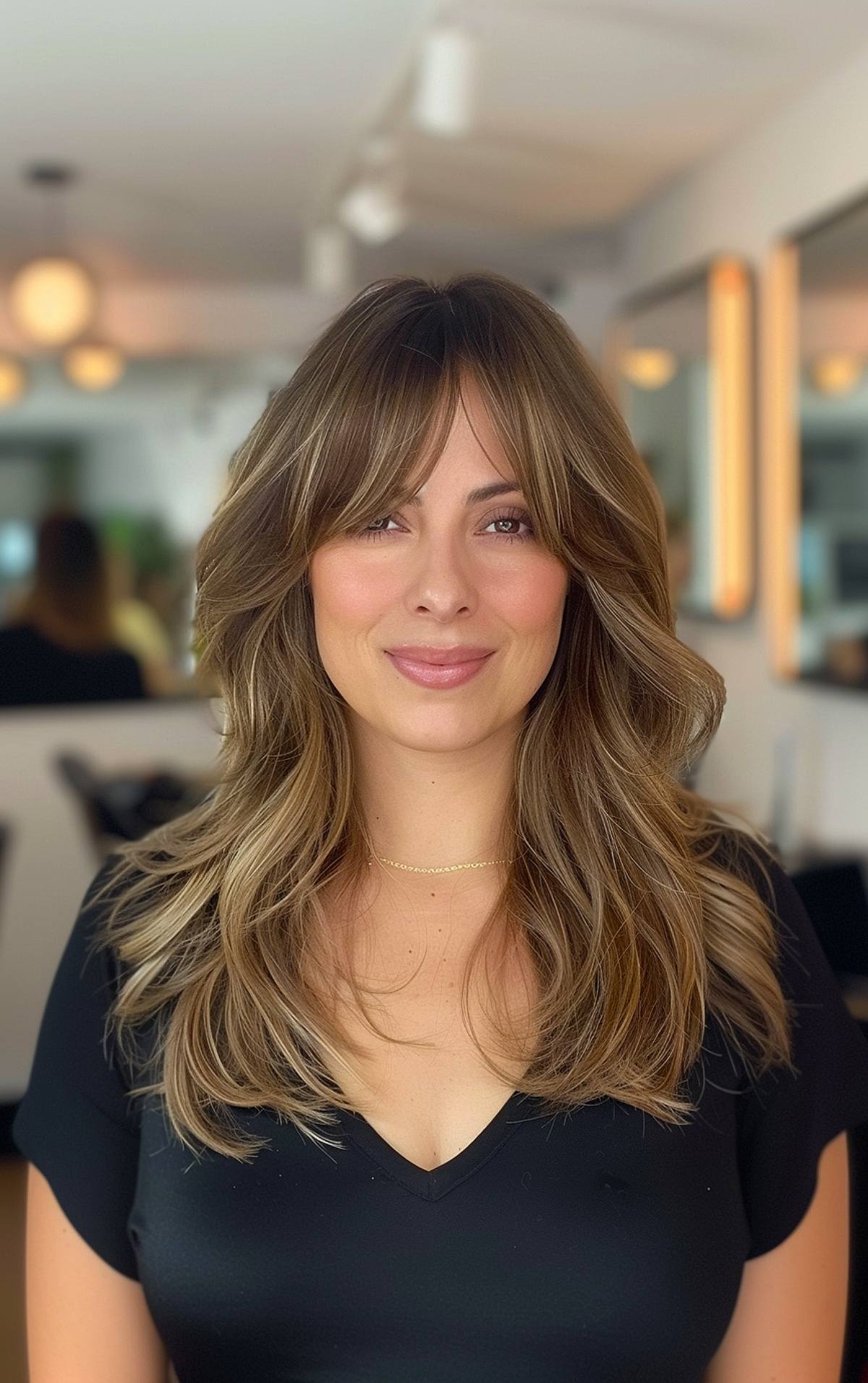 Long layered haircut with curtain bangs