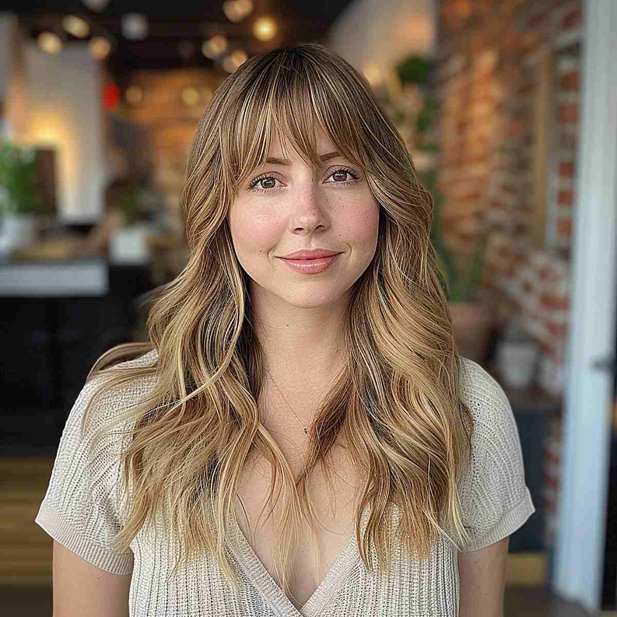 Long-Length Hair with Layers and Wispy Bangs for Chubby Faces