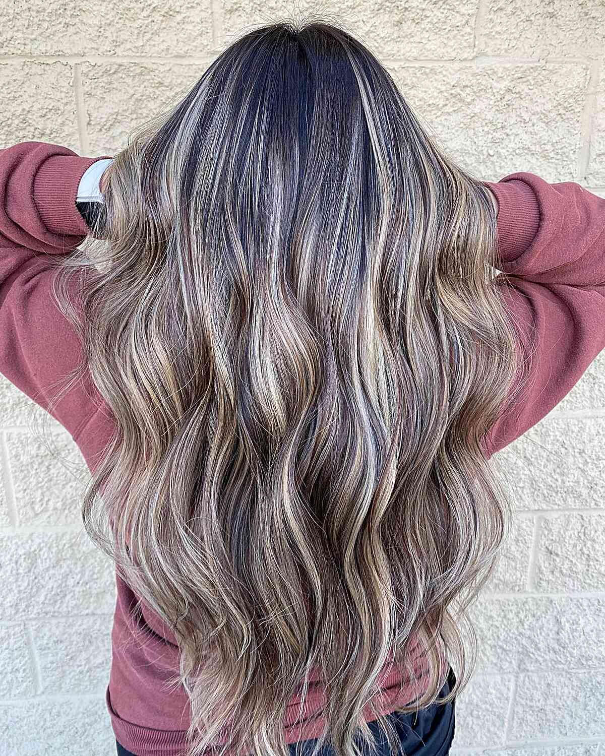 Long-Length Platinum Balayage Highlights with Darker Roots