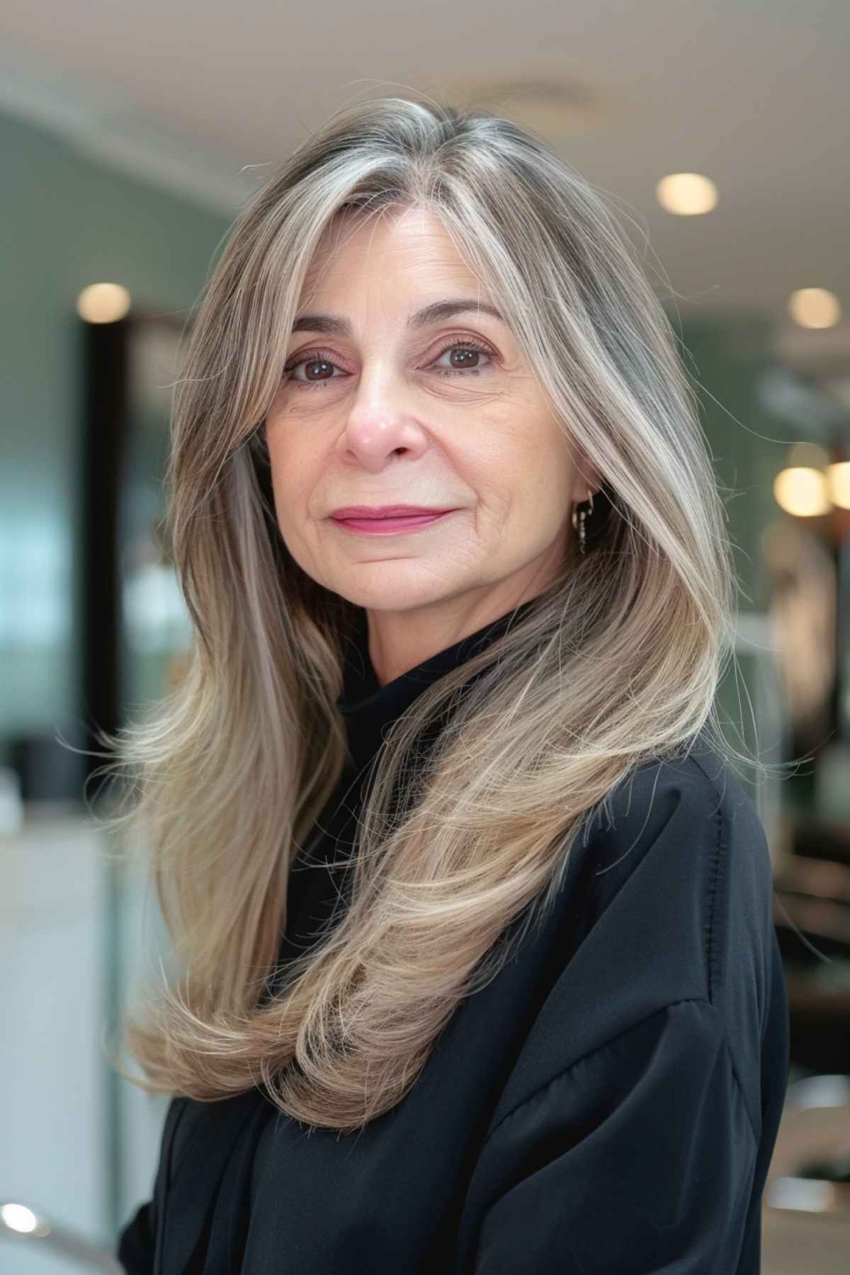 Woman with long-length straight layered cut featuring natural gray highlights