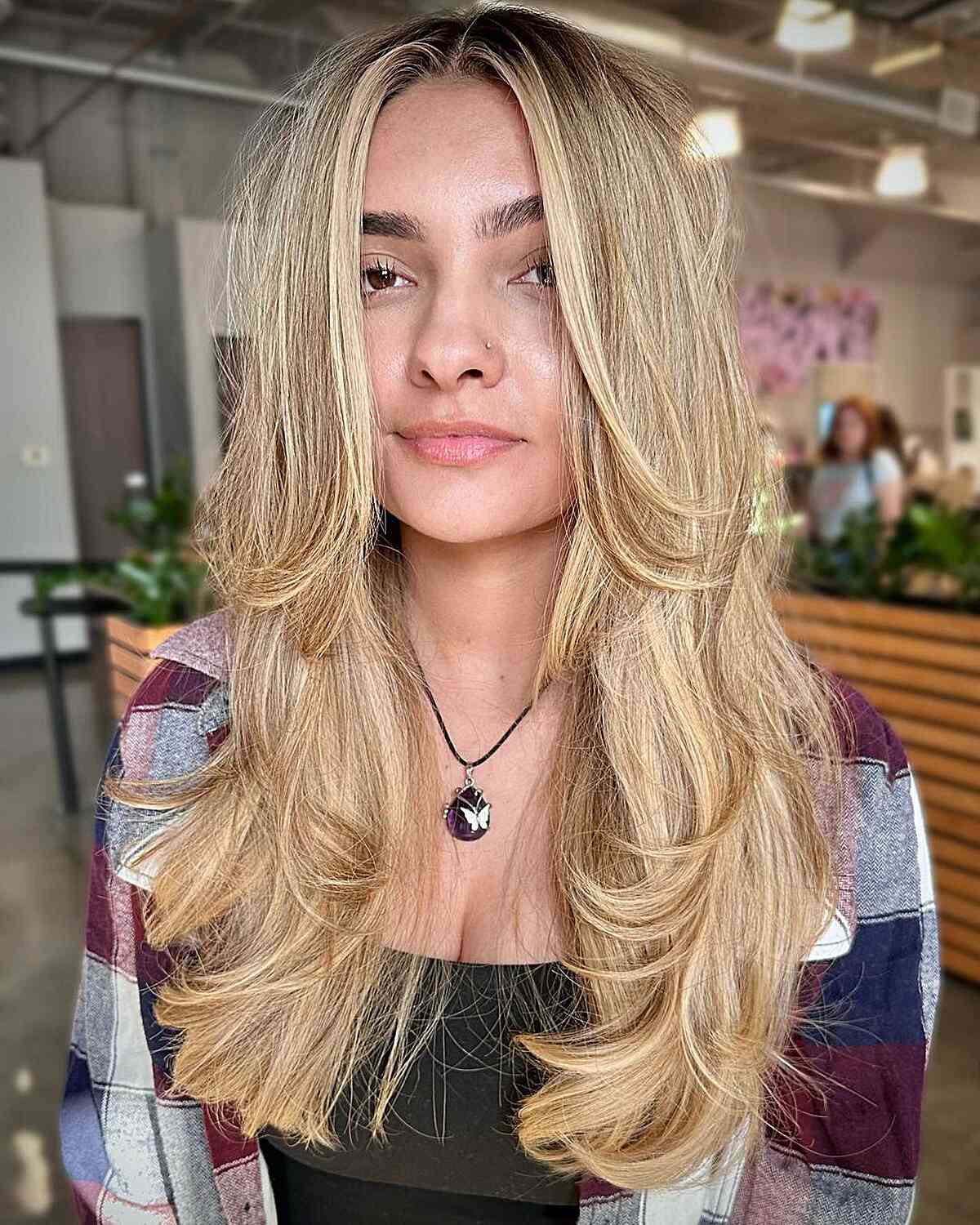 Long-Length Summer Blonde Feathery Hair with Dark Roots