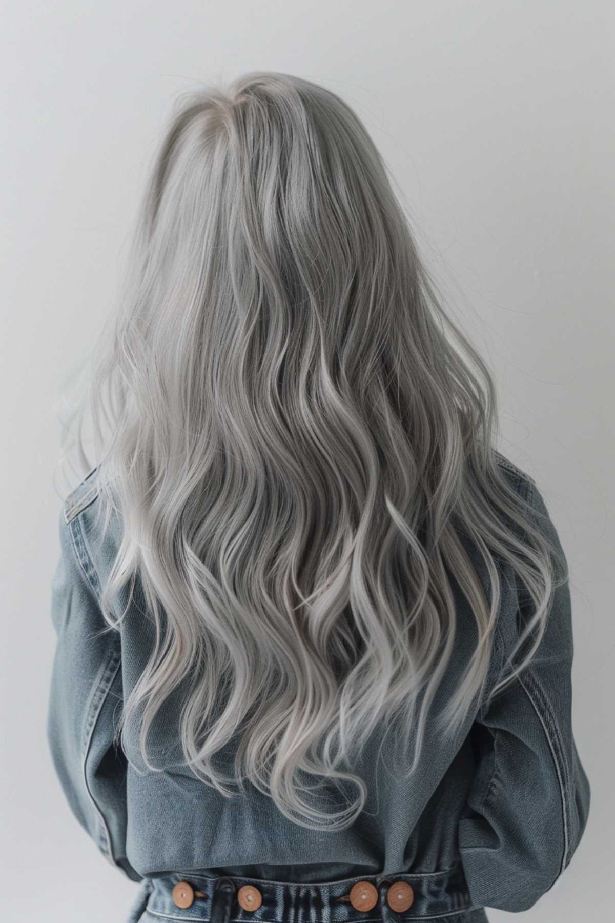 Long wavy light silver hair color