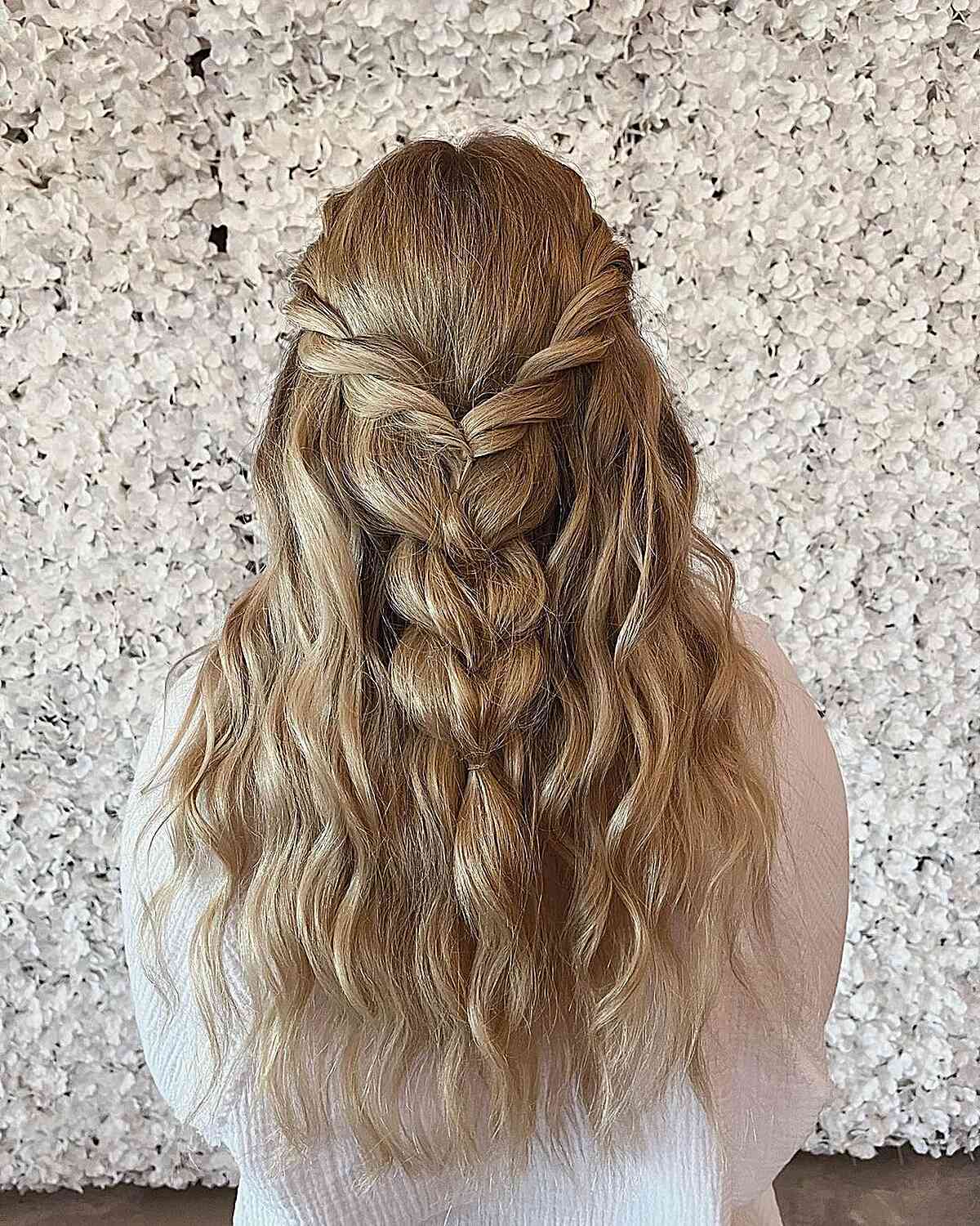 Long Loose Braided Half-Up with Beach Waves for Wedding Attendees