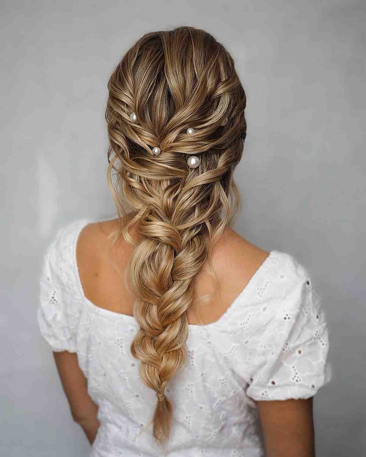 Long Loose Braids with Pearls for Weddings