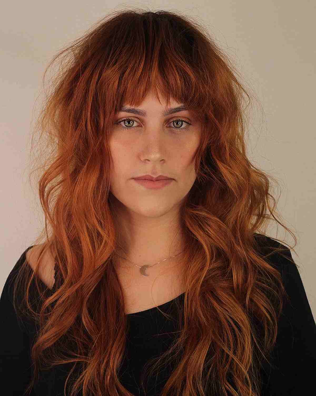 Long Messy Ginger Hair with Bangs for a Long Face