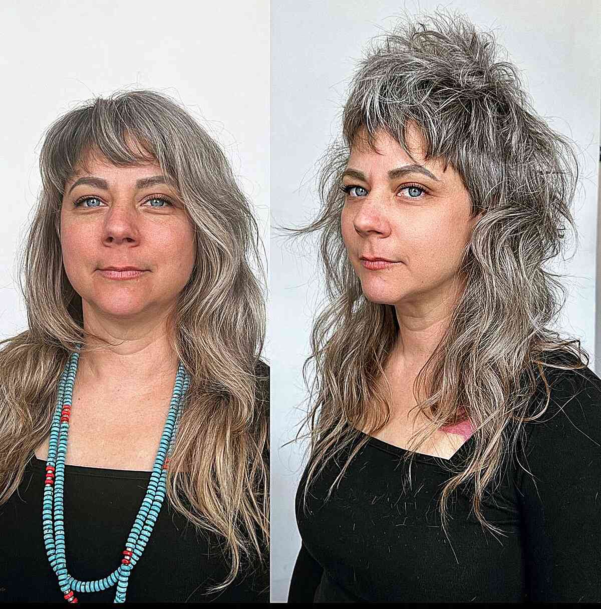 Long Messy Gray Mullet Shag for women aged 50