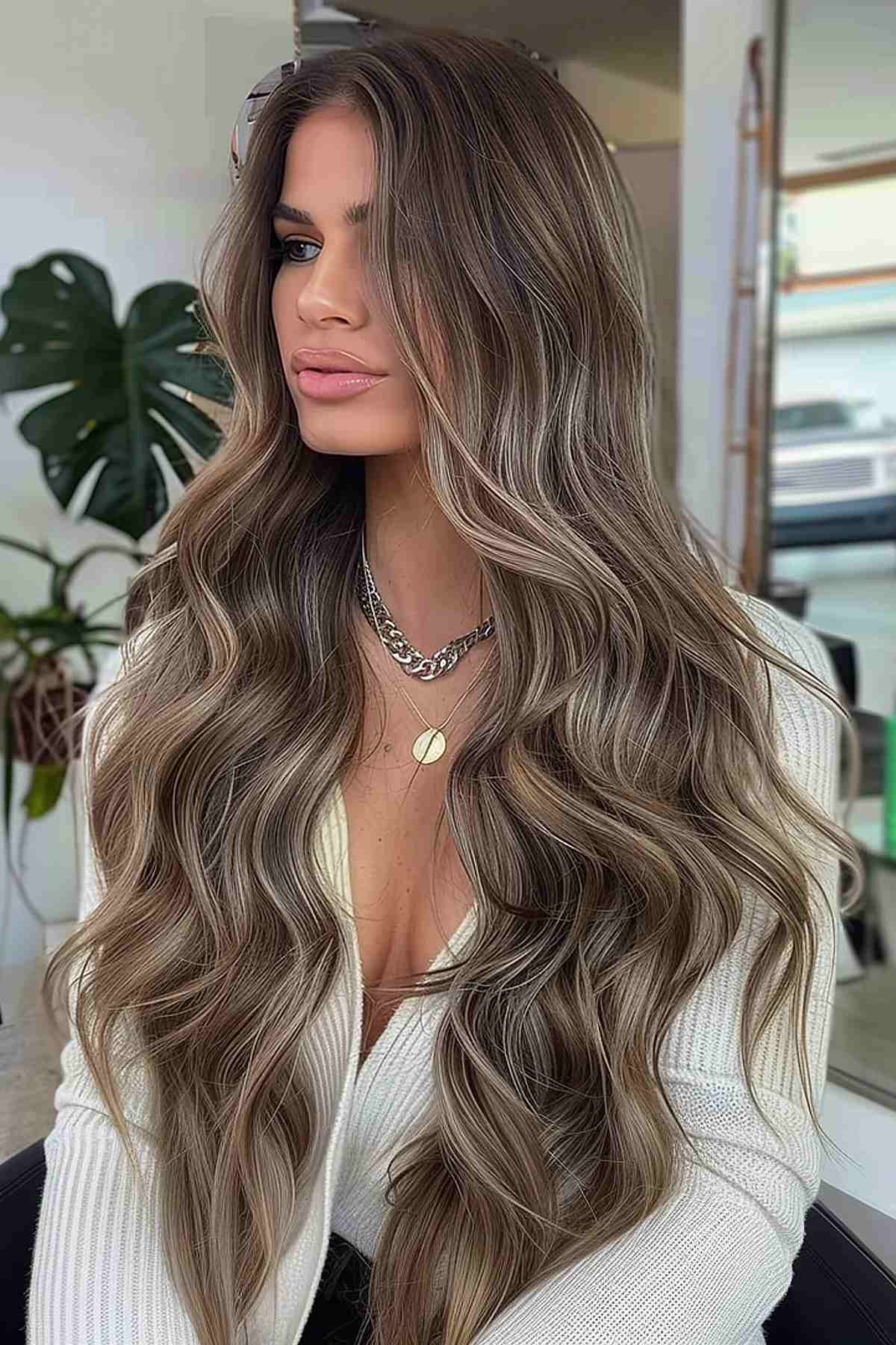 Long, voluminous mushroom brown hair styled in soft, cascading waves, adding depth and elegance to the flowing locks.