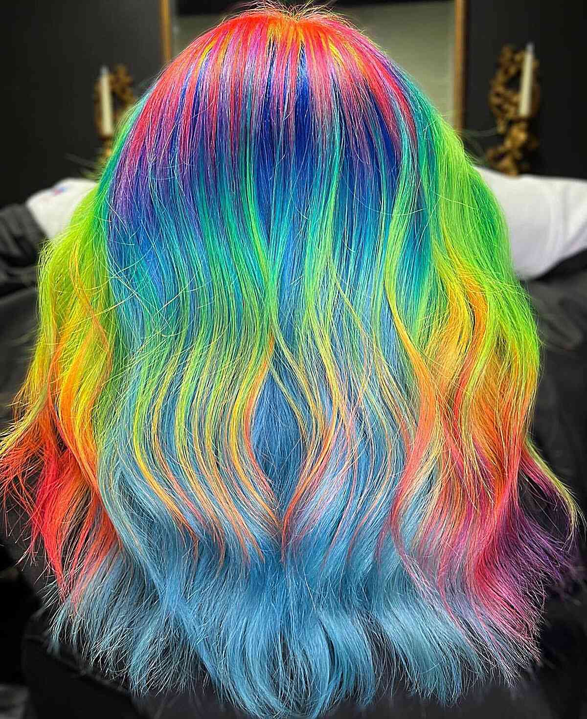 Long Neon Rainbow Hair Color on ladies with a cool style