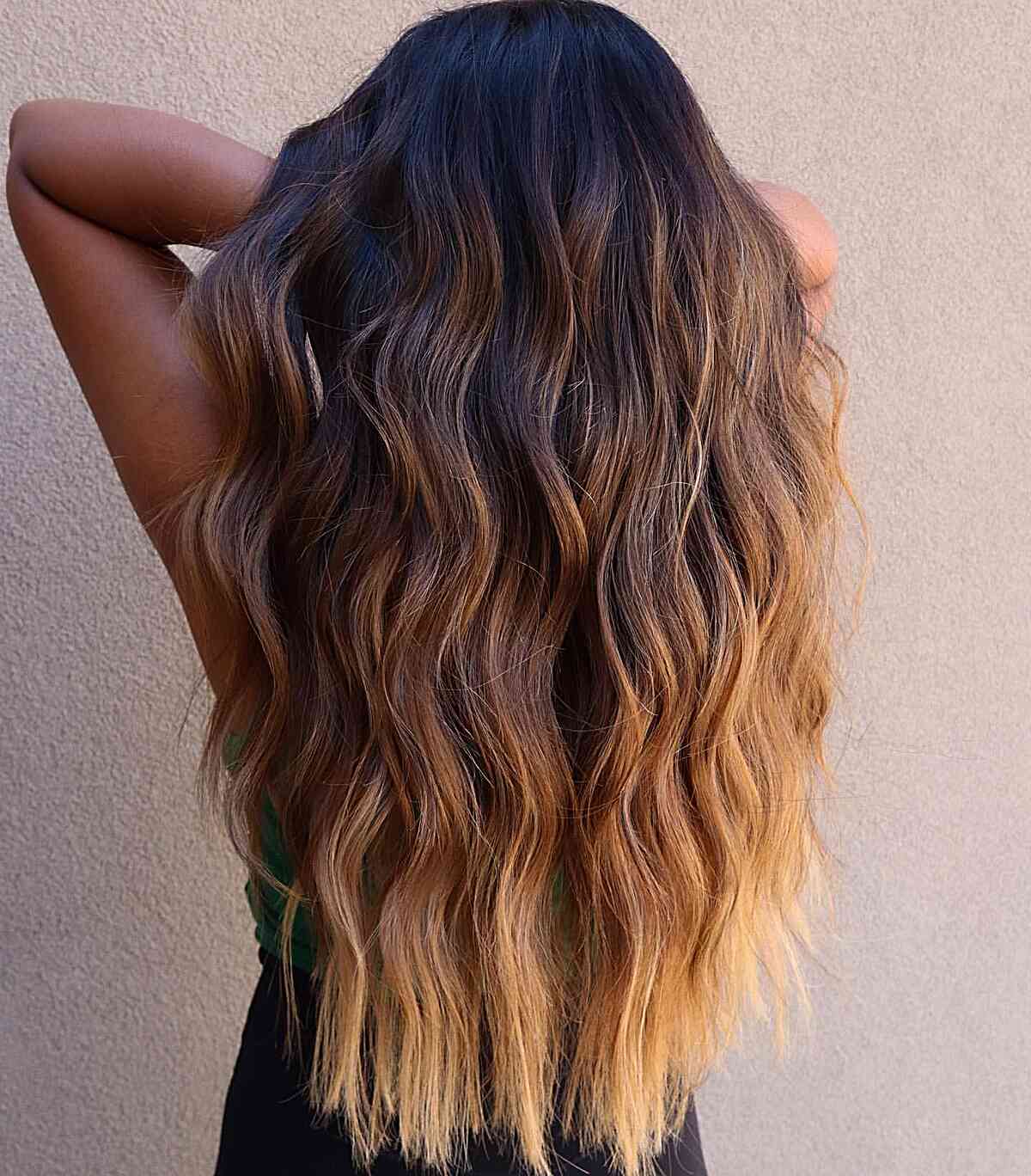 Long Ombre Dark Brunette Roots to Light Blonde Tips with Waves and Blunt Ends