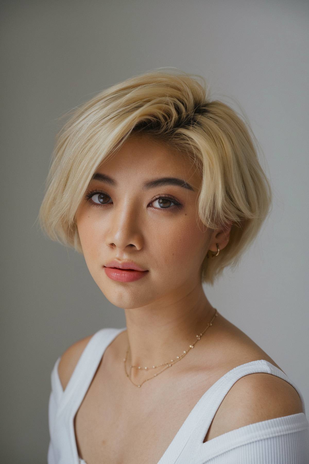 Elegant long pixie bob with side-swept layers, perfect for adding fullness to fine hair