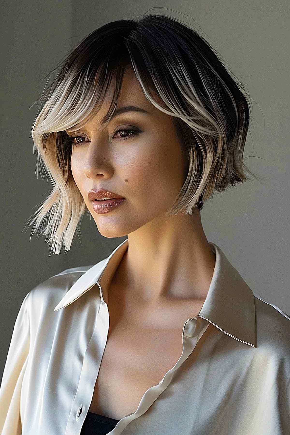 Woman with a textured long pixie bob featuring flowing bangs and a balayage color blend from dark roots to light tips. 