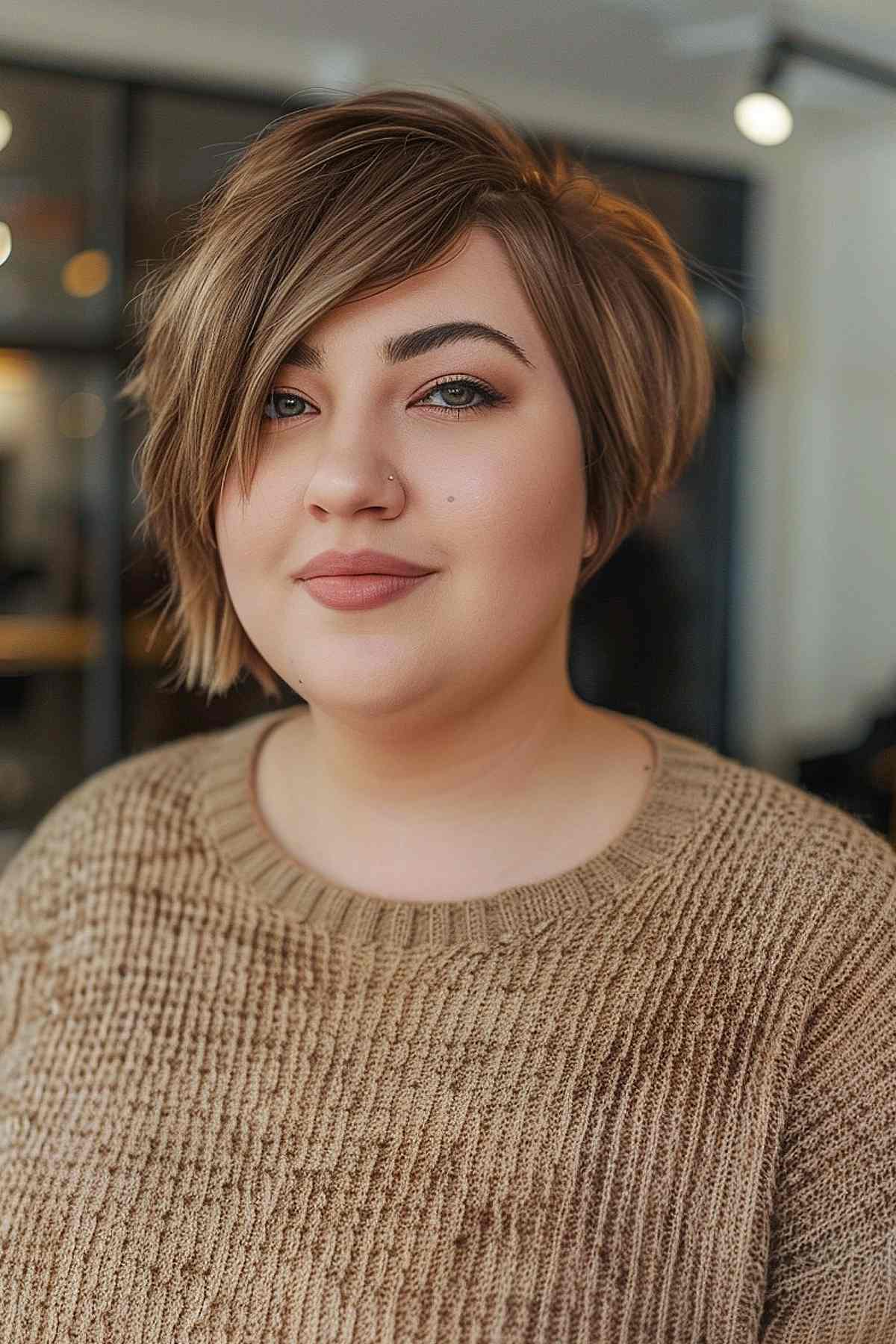 Long pixie cut for fine hair on plus-size woman with side-swept bangs