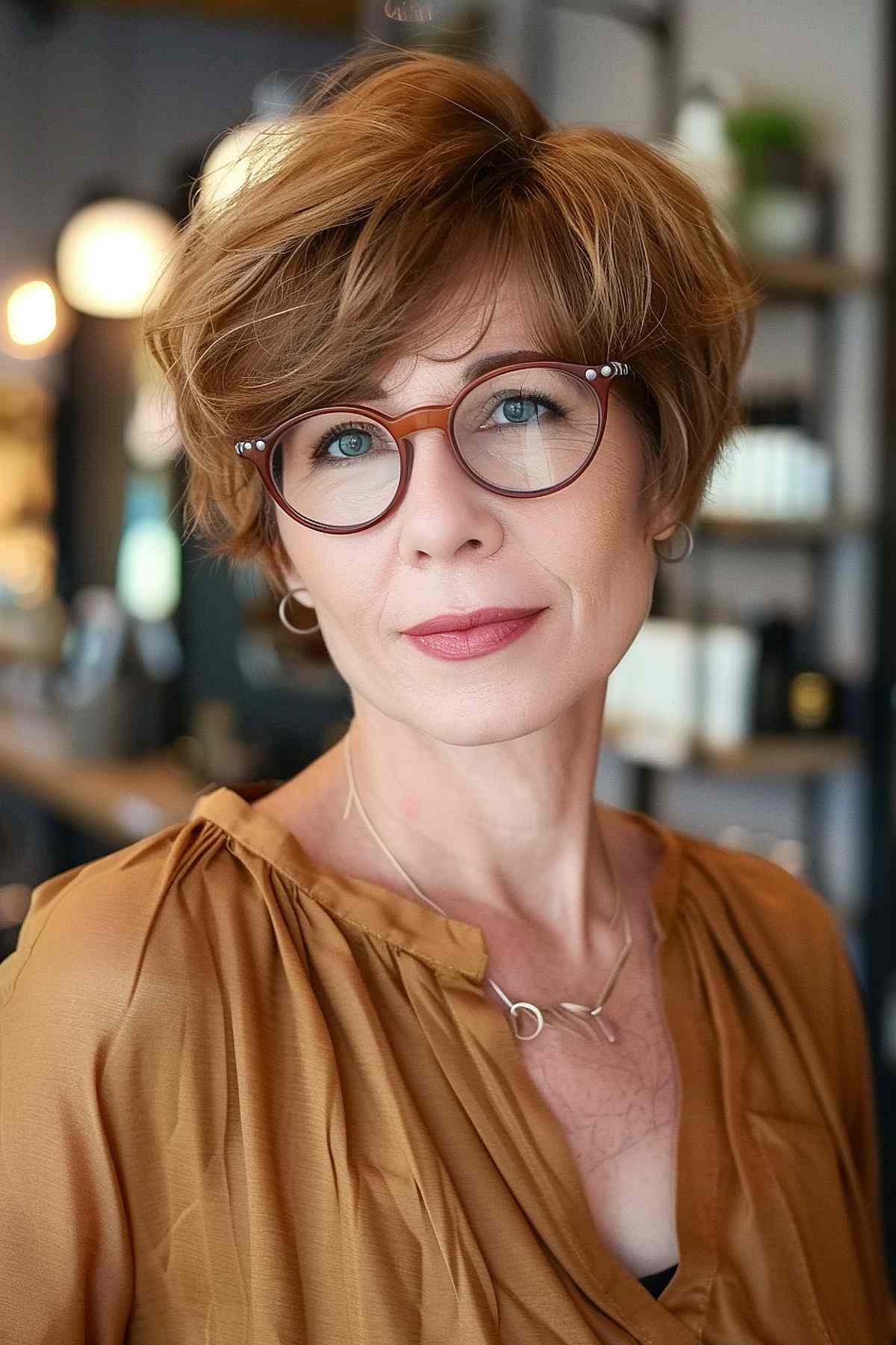 Woman with a long pixie cut, glasses, voluminous layers, and side-swept bangs