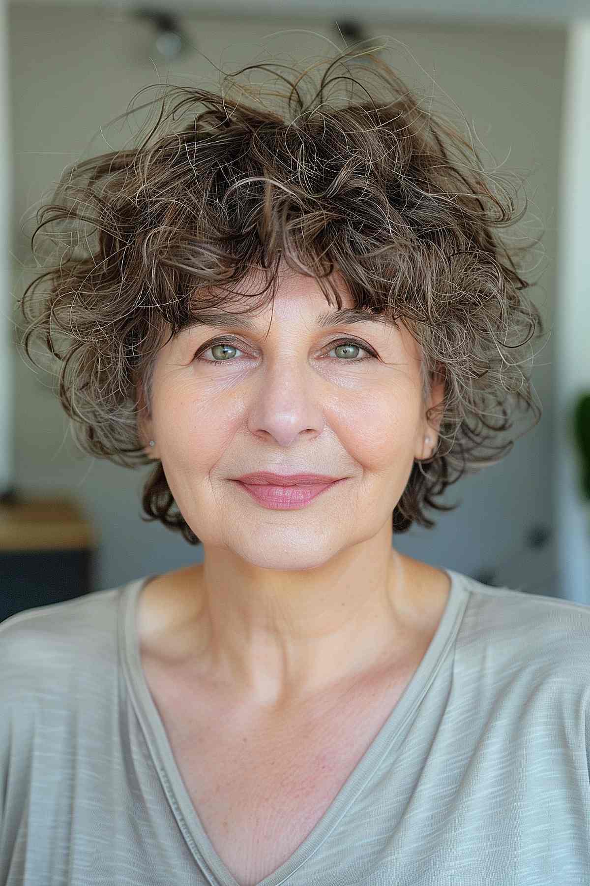 Woman with a pixie cut and curly bangs, embracing natural curls