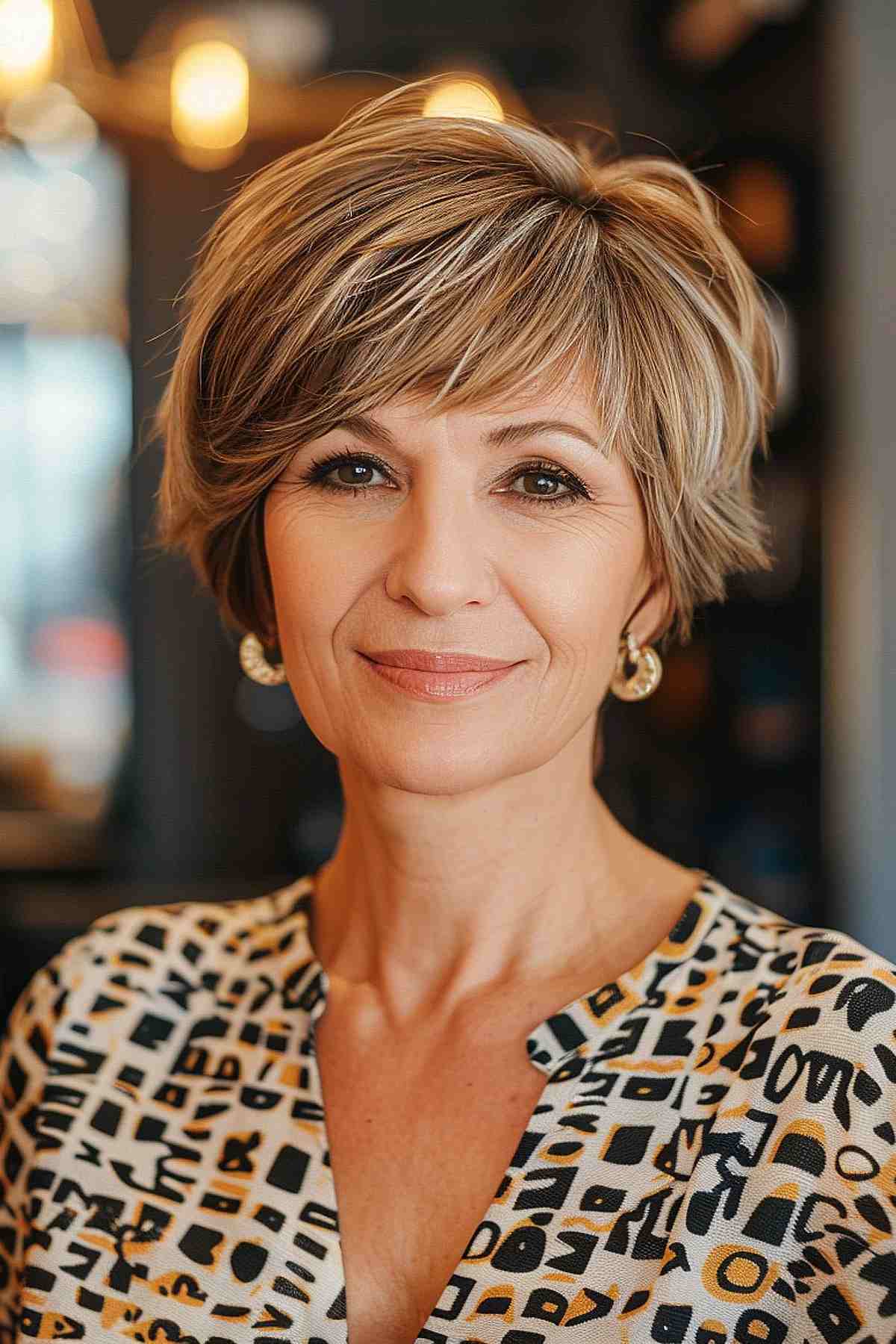 Woman with a pixie cut featuring face-framing layers, adding dimension and volume