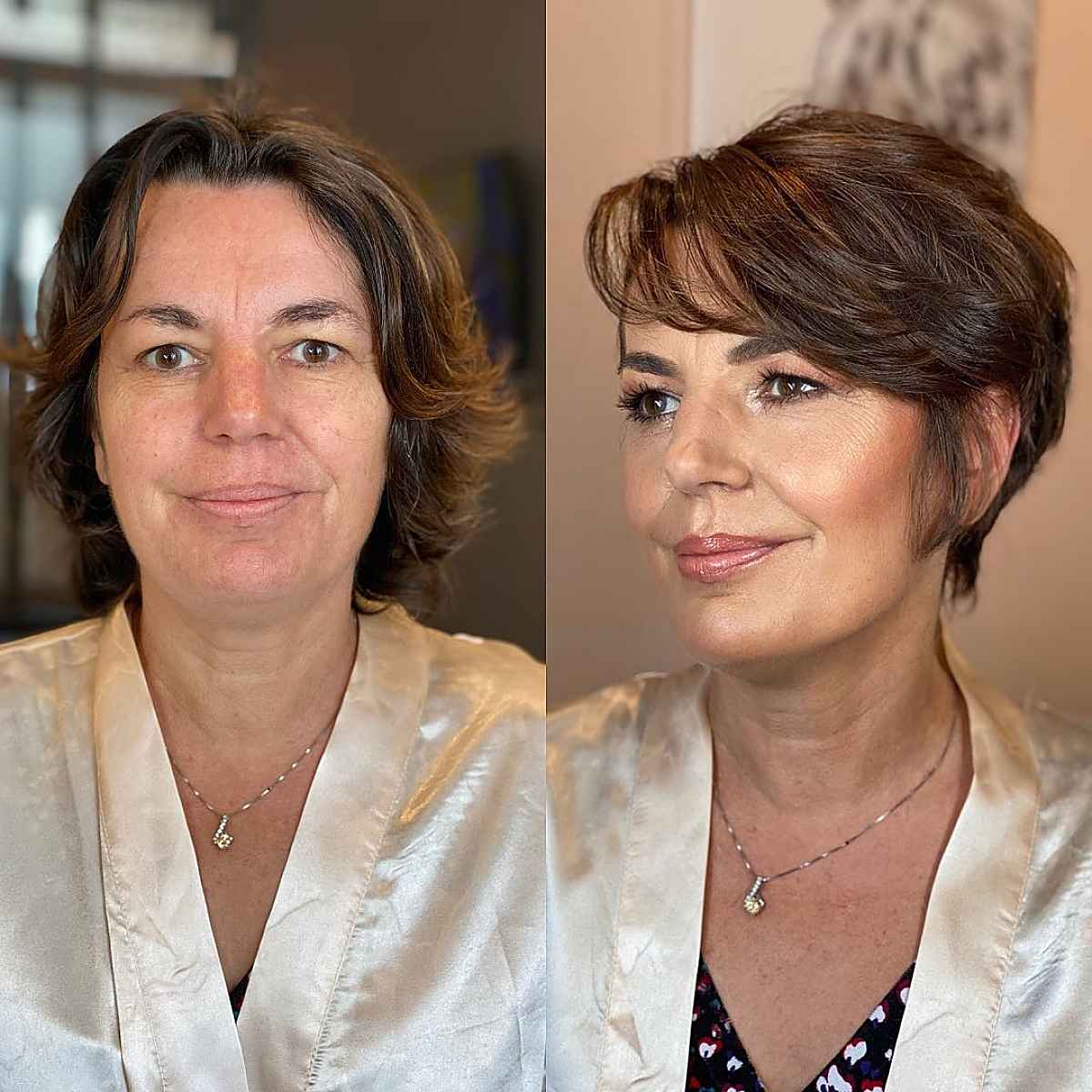long pixie cut with side-swept bangs for older women
