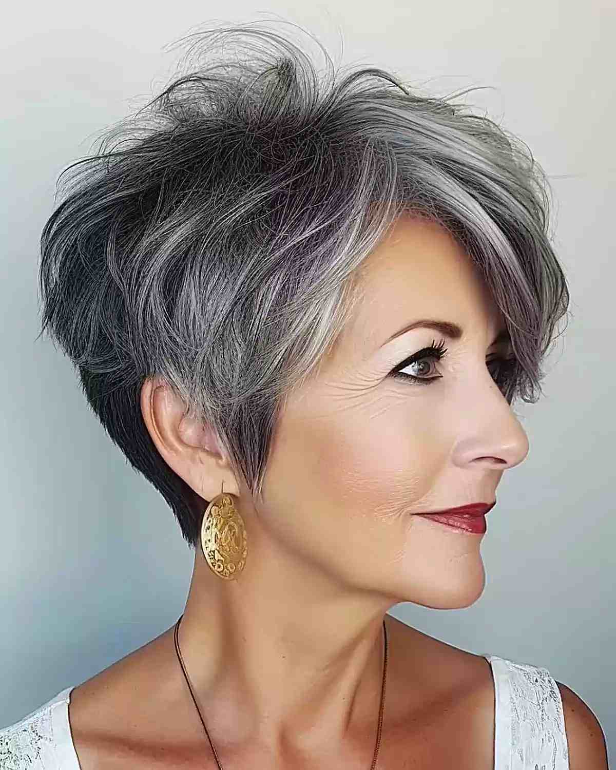 Long Pixie Cut with Silver Strands for an Old Lady