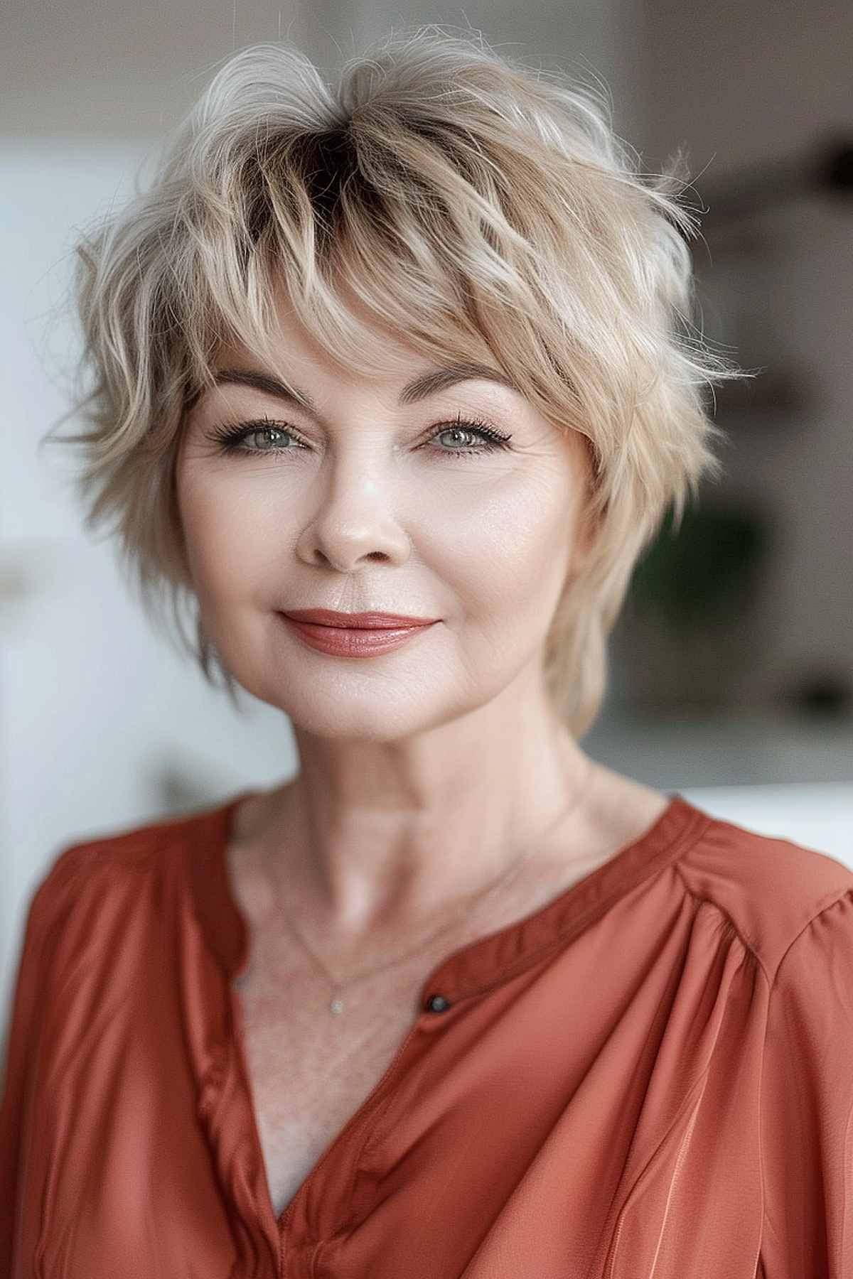 Woman with a pixie cut featuring wispy bangs, adding a soft, feminine touch