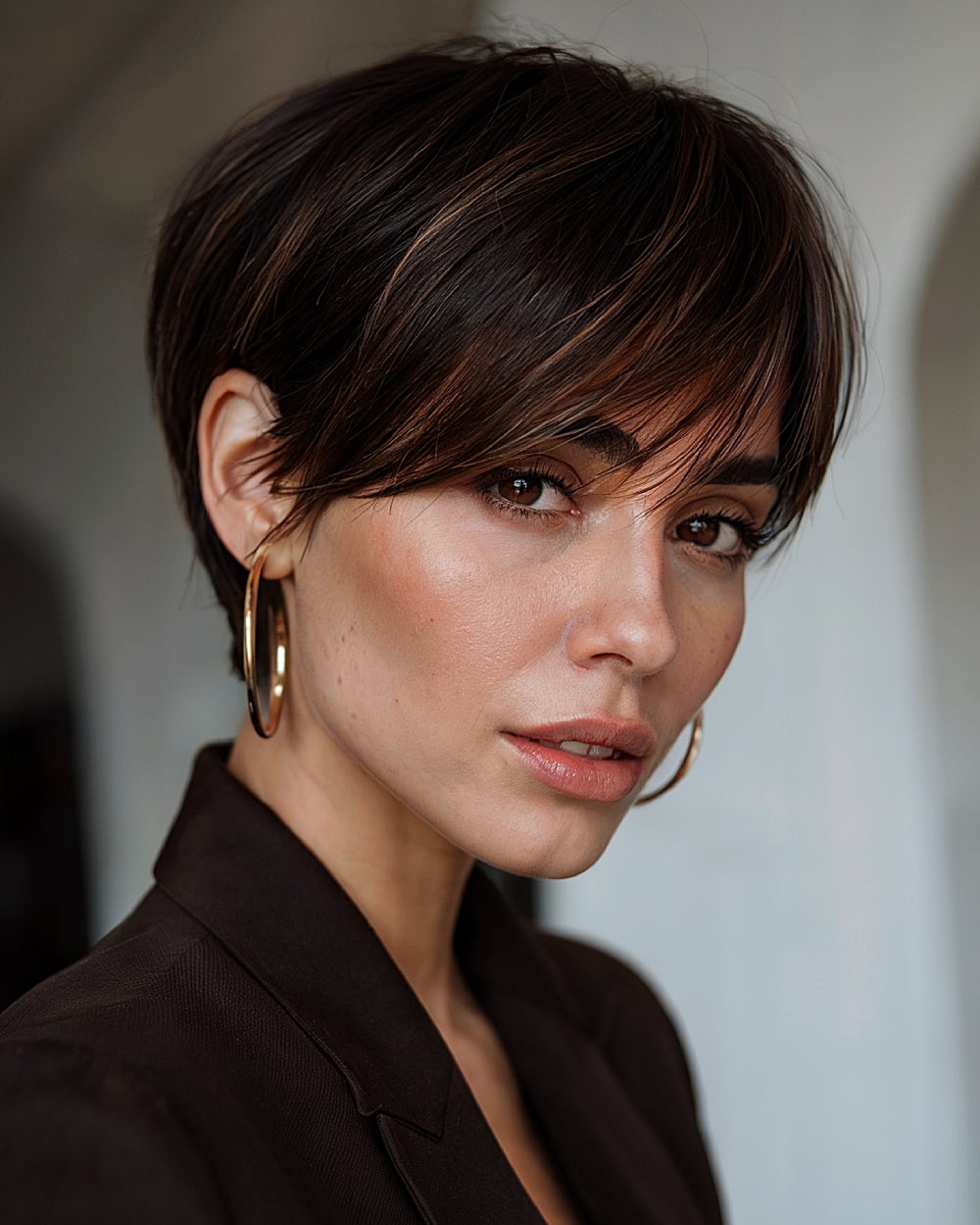 Pixluxe long pixie haircut with sleek contouring layers and side-swept fringe on dark hair
