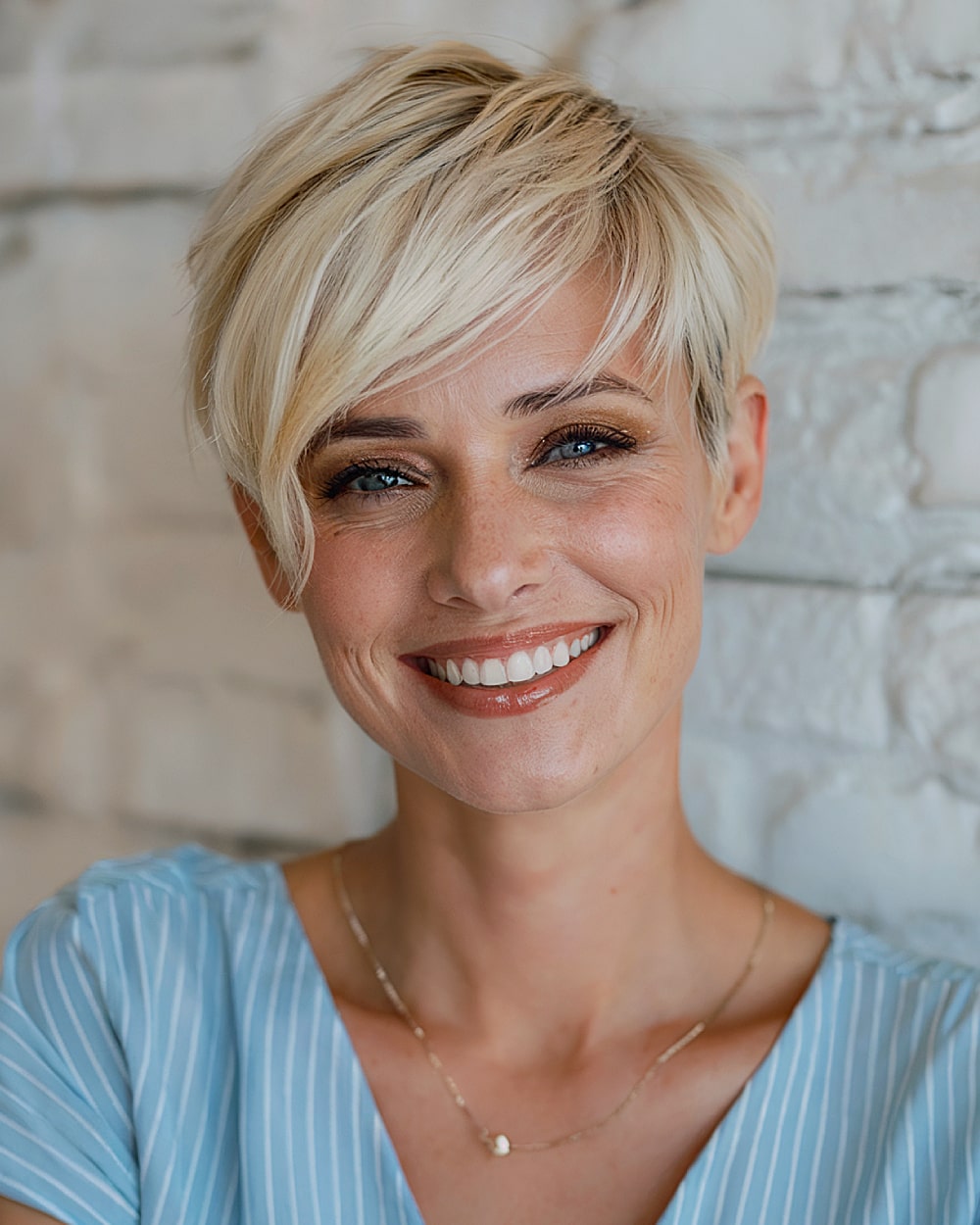 Blonde long pixie with side fringe and face-framing layers for a soft, brightening effect