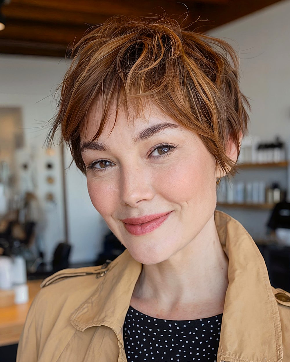 Choppy long pixie haircut with tousled layers and soft caramel highlights for added texture