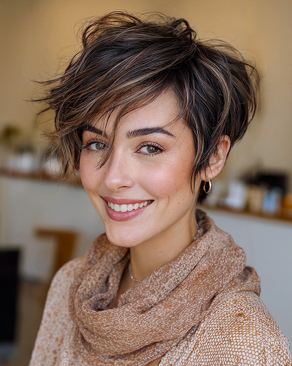 Feathered long pixie haircut with soft layers and volume for thick hair