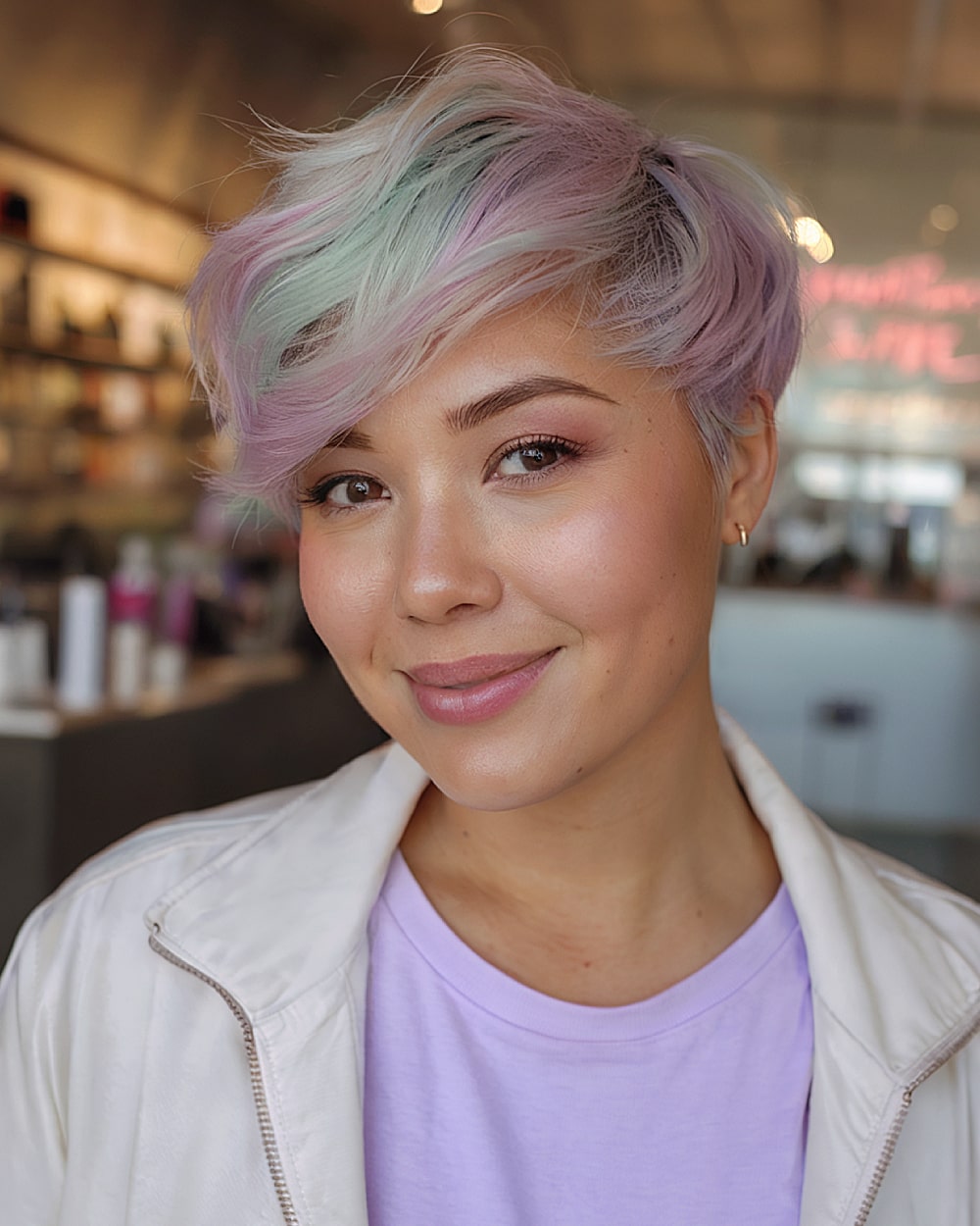 Pastel long pixie cut with lavender and mint hues blended into side-swept layers