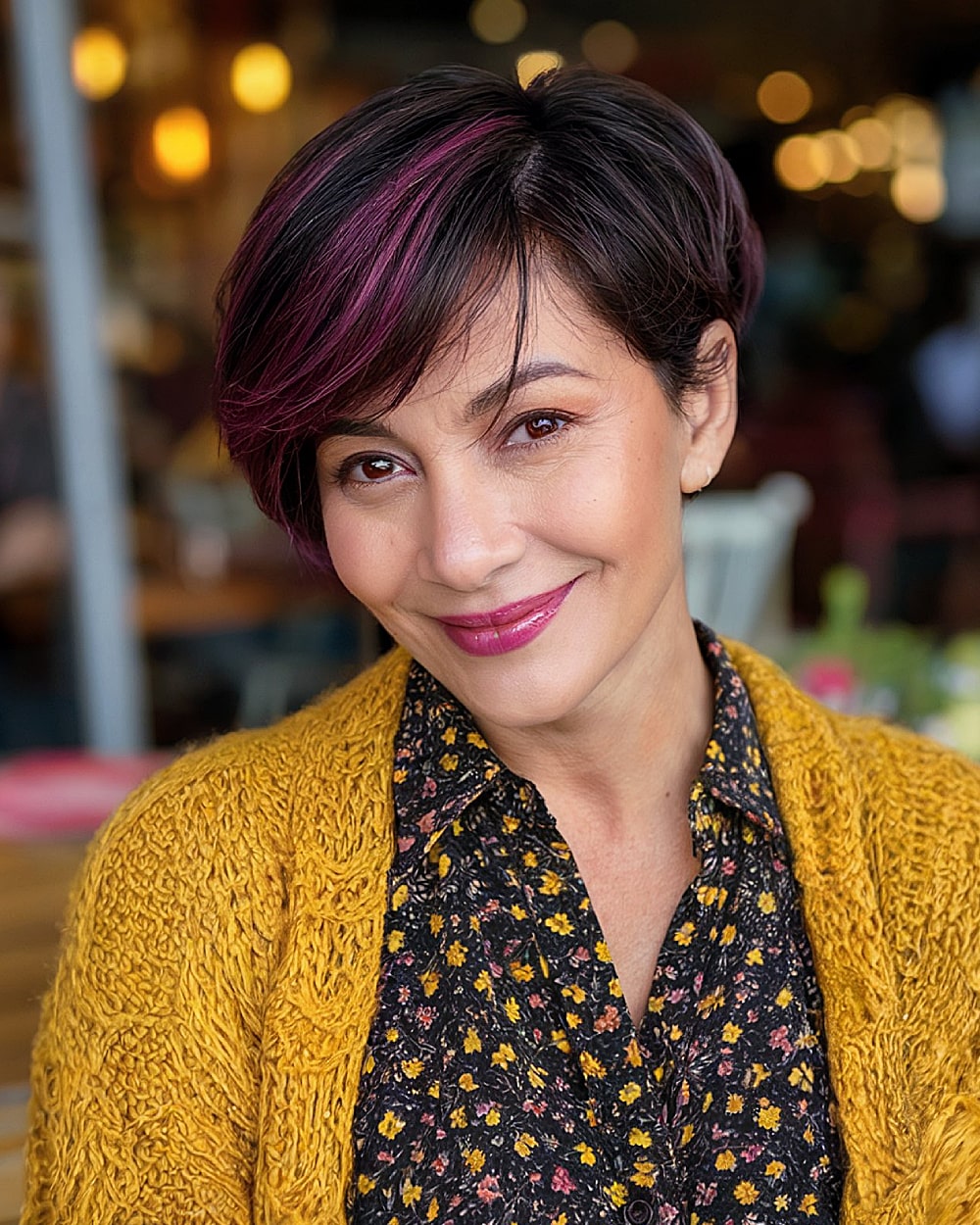 Long pixie cut with sleek shape and peekaboo magenta highlights on dark base