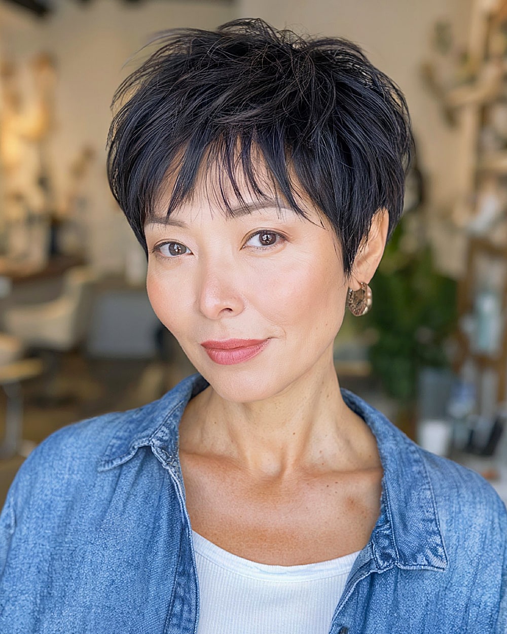 Razor-cut long pixie haircut with choppy fringe and airy layers for fine hair