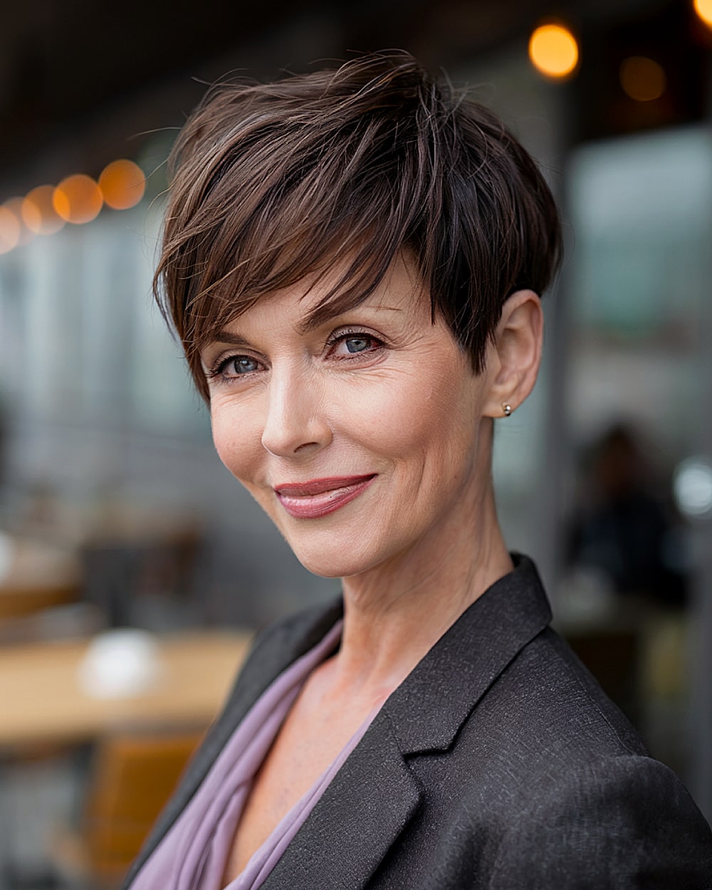 Long pixie cut with textured layers and deep side-swept bangs for a polished, modern look