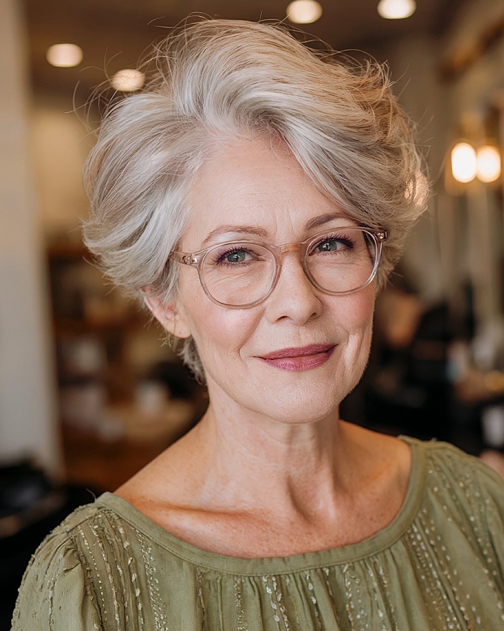 Voluminous long pixie with silver layers and side part for mature women with fine hair