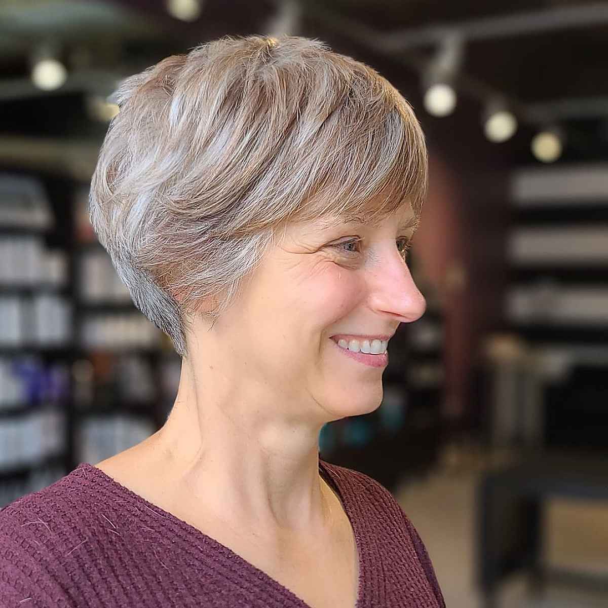 Long Pixie with Bangs for Mature Women with Gray Hair