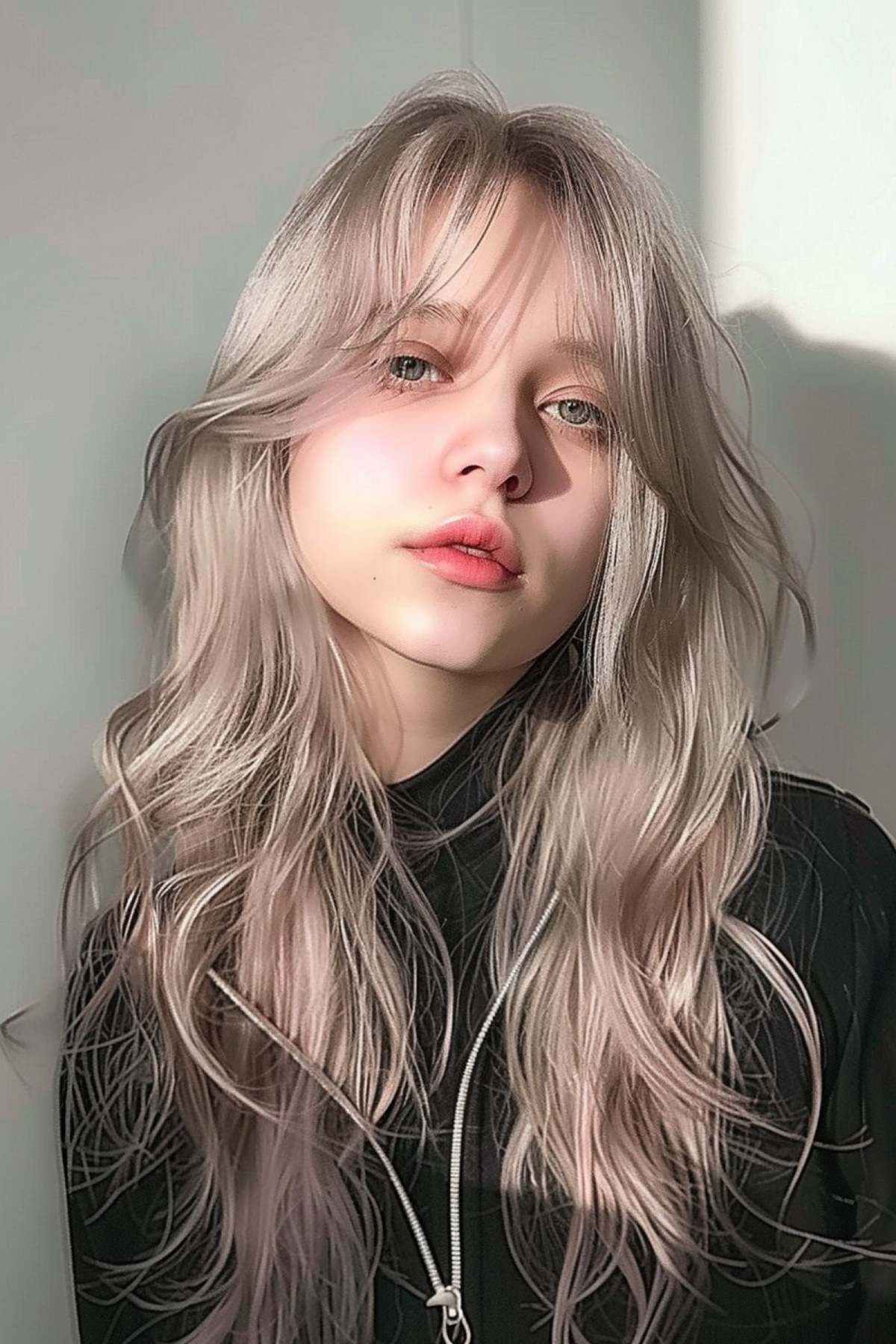 Long platinum blonde wolf haircut with voluminous layers