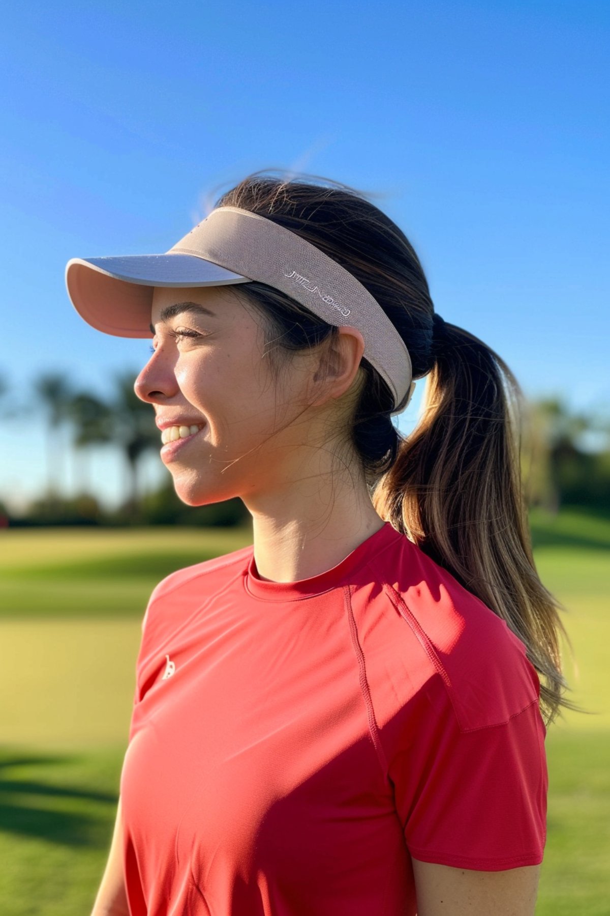 Woman with long ponytail and visor cap, golf hairstyle